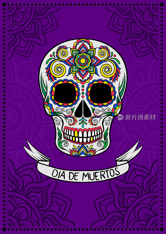 墨西哥糖头骨与花卉图案，Dia de Muertos，设计元素海报，贺卡矢量插图